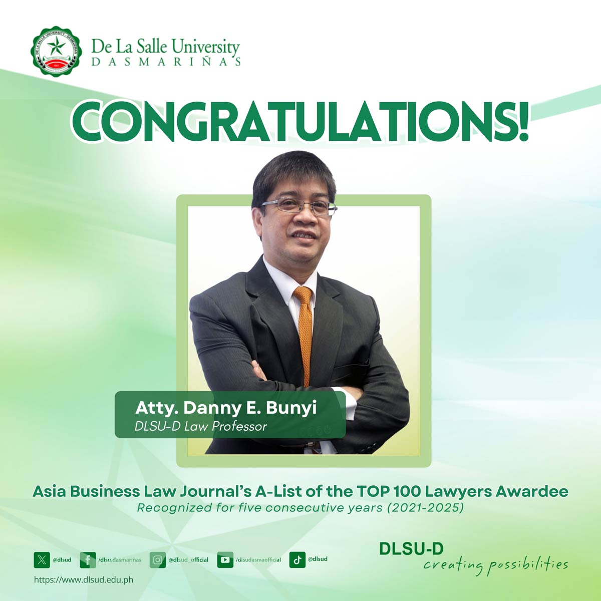 DLSU-D Professor Named in PH Top 100 Lawyers