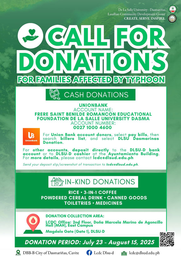 DLSU-D Calls for Donations for Typhoon Victims