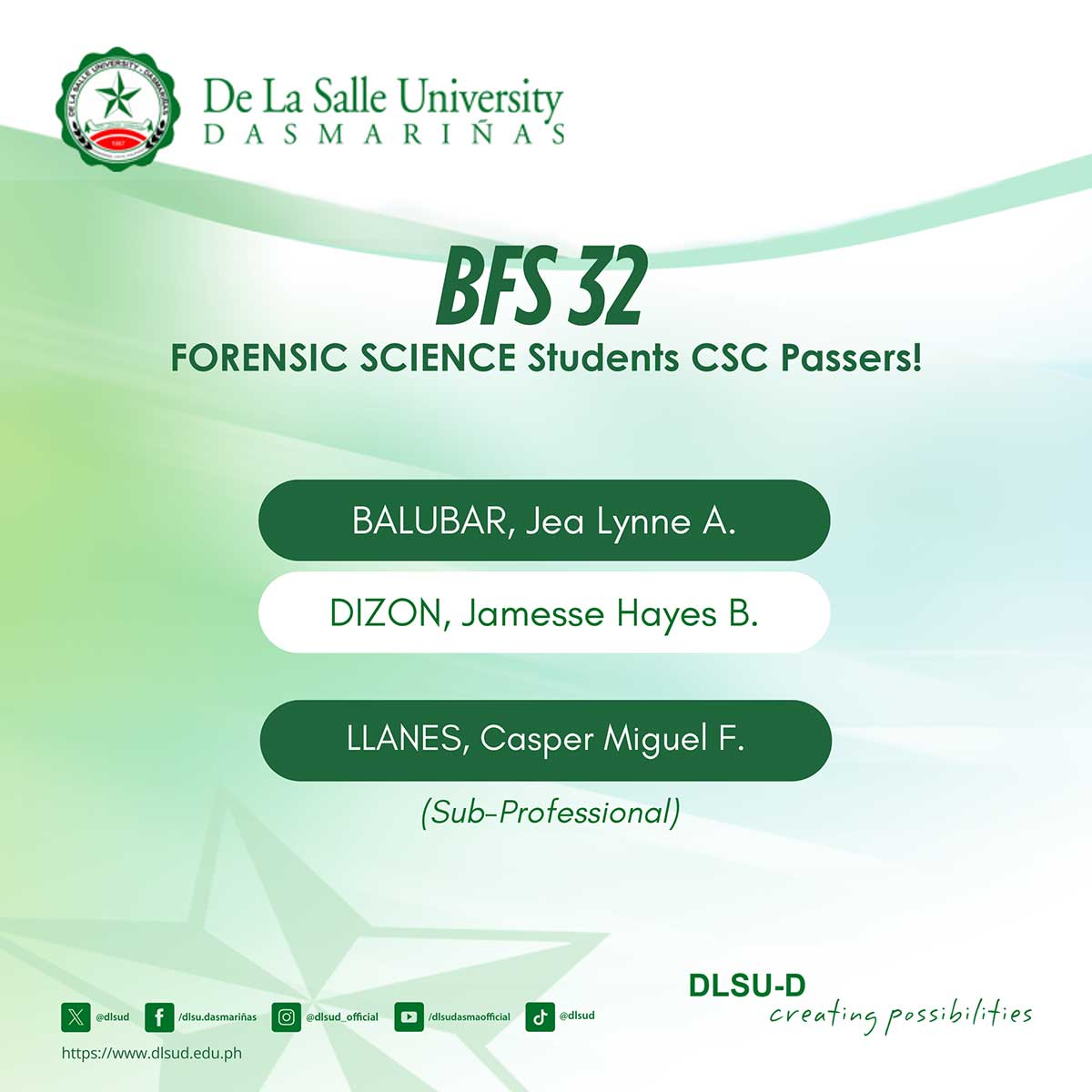 DLSU-D Forensic Science Students Pass CSC Exam